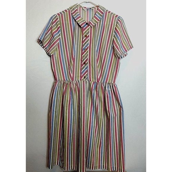 Vintage Dress Sears Perma Prest Stripes Peter Pan Collar Button Front Size 12/14 - Picture 1 of 9